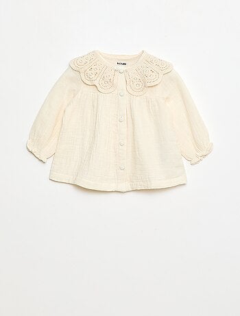 Blouse avec col crochet en gaze de coton uni