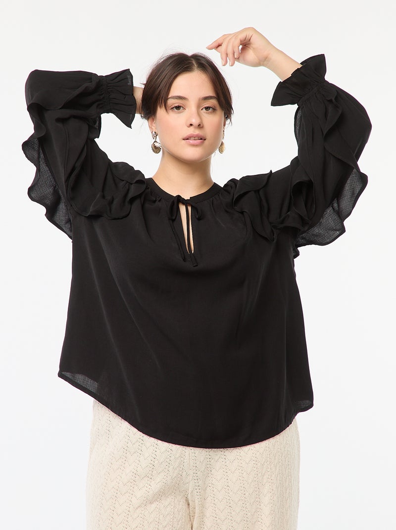 Blouse avec épaules et poignets volantés + liens à nouer au col Noir - Kiabi
