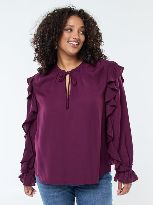 Blouse avec épaules et poignets volantés + liens à nouer au col - Kiabi