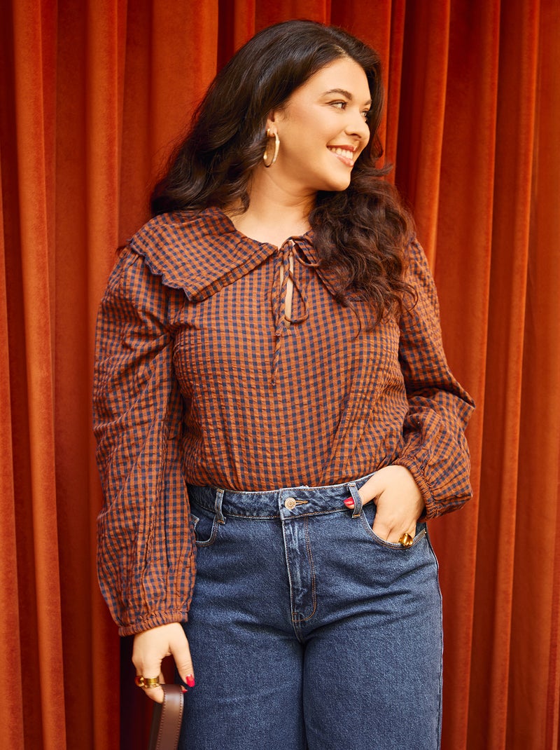 Blouse avec large col claudine Marron - Kiabi