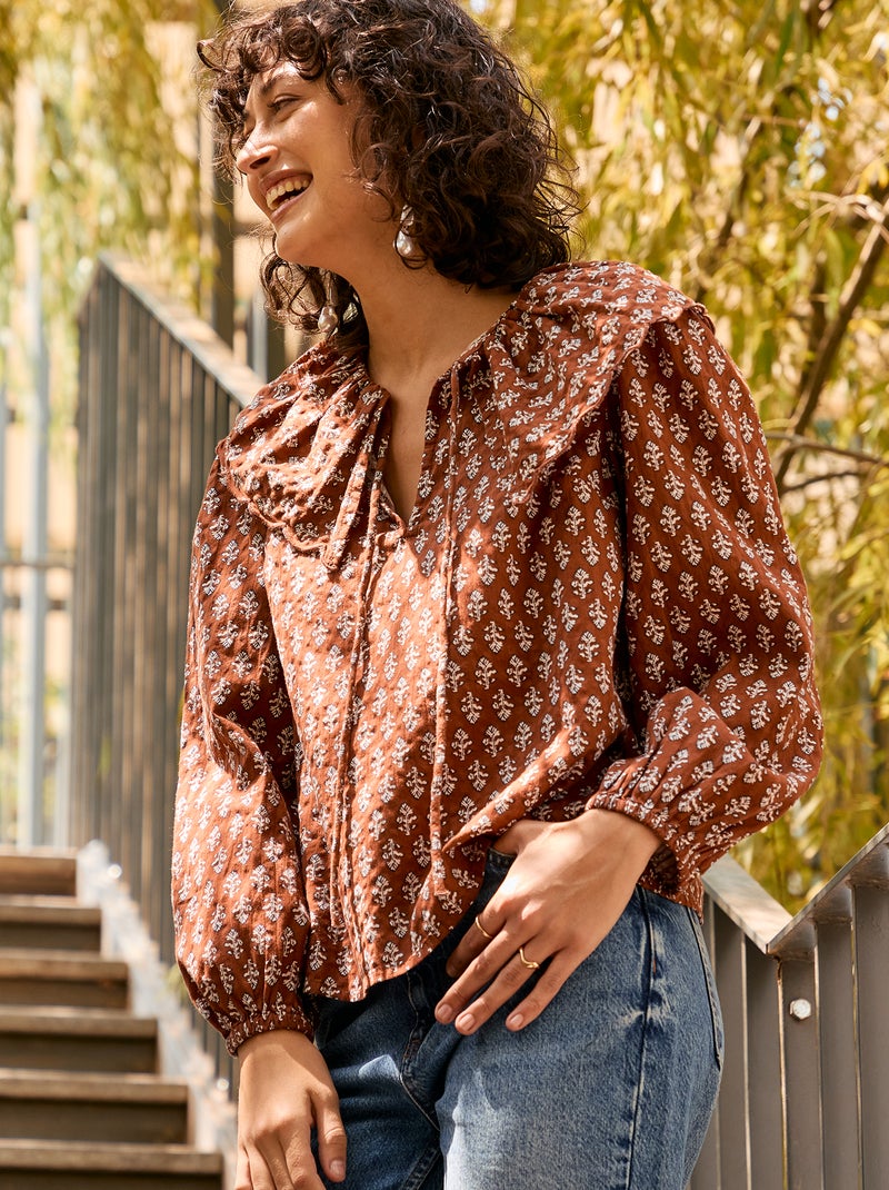 Blouse avec large col claudine Marron - Kiabi