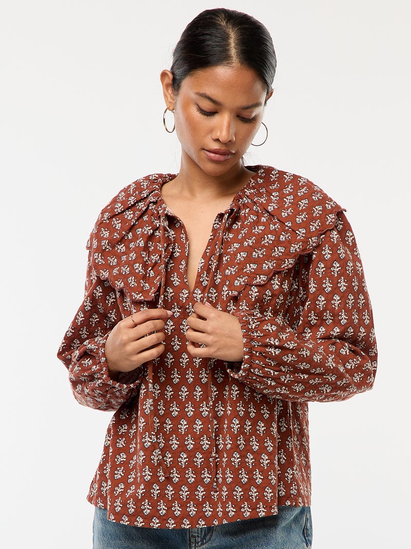 Blouse avec large col claudine Marron - Kiabi