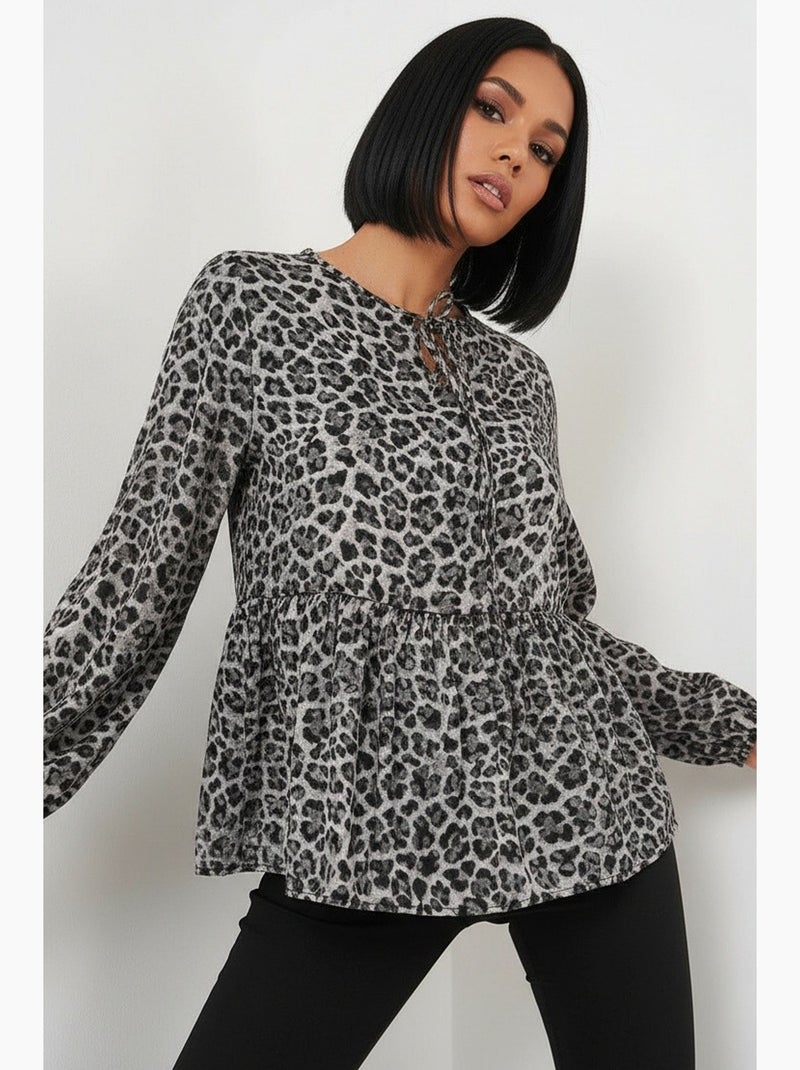 Blouse bedrukt chiffon lange mouw met bies bdart Grijs Zwart - Kiabi