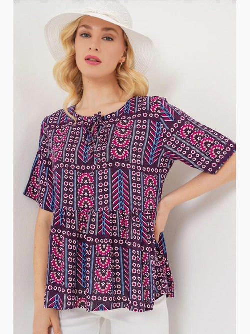 Blouse bedrukt ronde hals met strik bdart - Kiabi