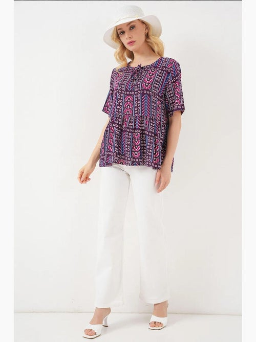 Blouse bedrukt ronde hals met strik bdart - Kiabi