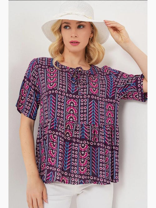 Blouse bedrukt ronde hals met strik bdart - Kiabi