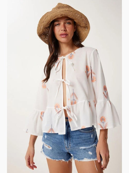 Blouse bloemen ronde hals lange mouw met ruches istanbul - Kiabi