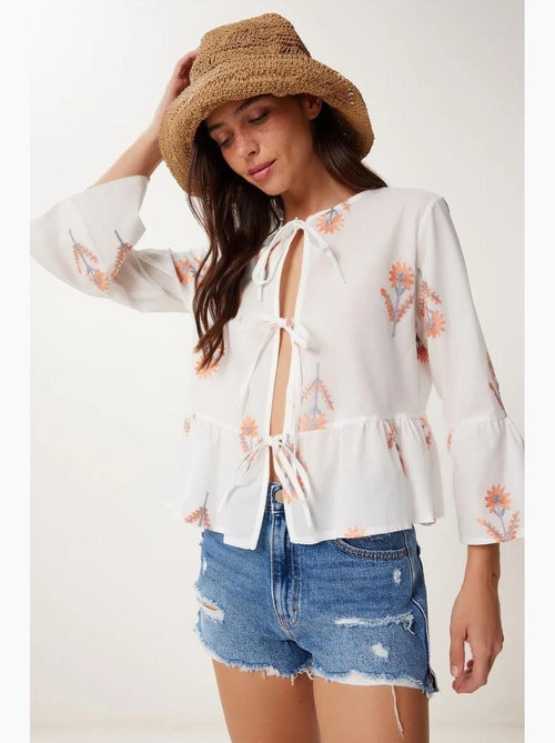 Blouse bloemen ronde hals lange mouw met ruches istanbul - Kiabi