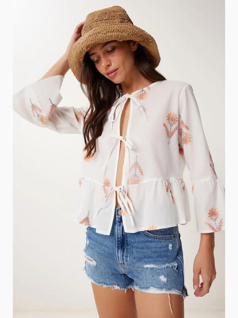 Blouse bloemen ronde hals lange mouw met ruches istanbul Wit - Kiabi