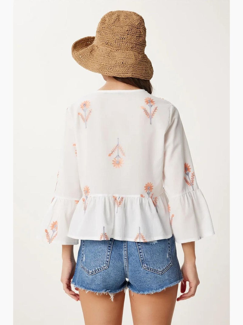 Blouse bloemen ronde hals lange mouw met ruches istanbul Wit - Kiabi