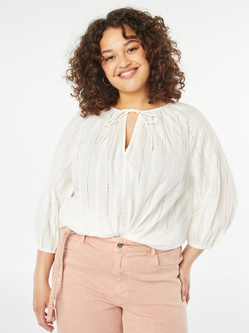 Blouse brodée avec manches 3/4 BLANC - Kiabi