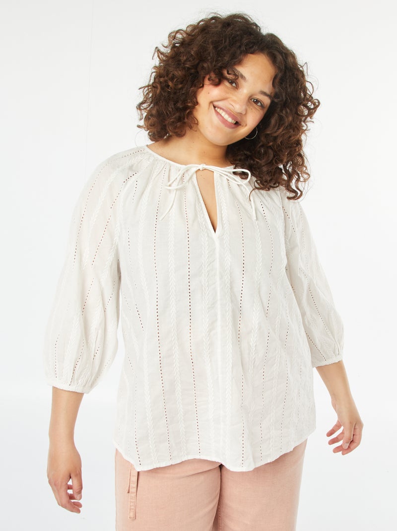 Blouse brodée avec manches 3/4 BLANC - Kiabi