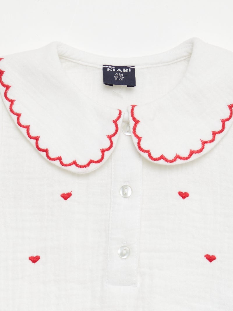 Blouse col Claudine et broderies 'cœurs' Blanc - Kiabi