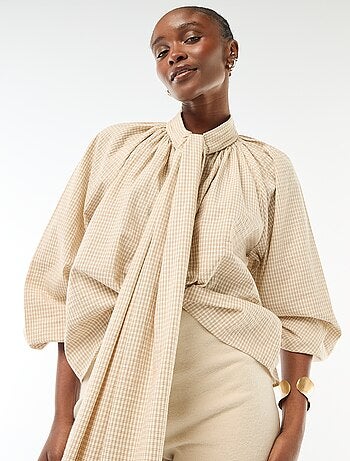 Blouse col lavalière à carreaux en coton