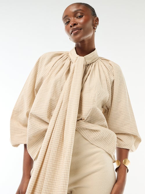 Blouse col lavalière à carreaux en coton - Kiabi