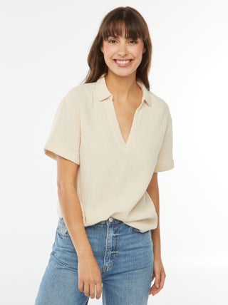 Blouse col polo en maille crêpe