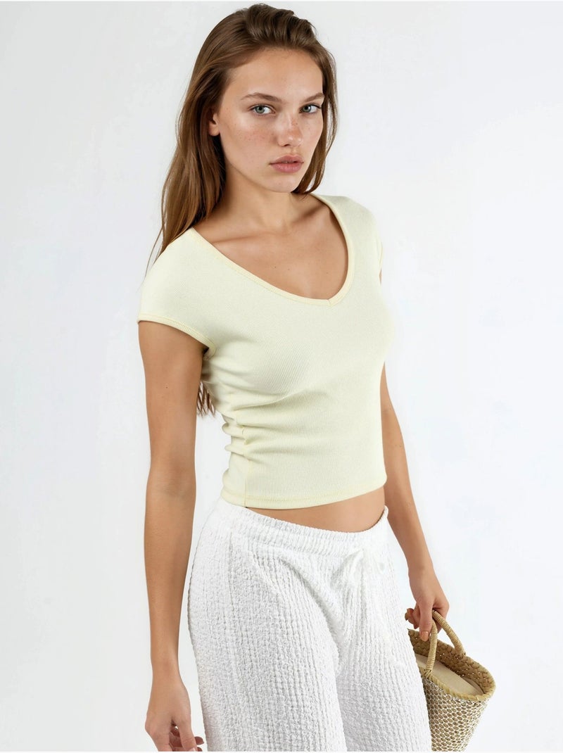Blouse côtelée à col v busem Jaune citron - Kiabi