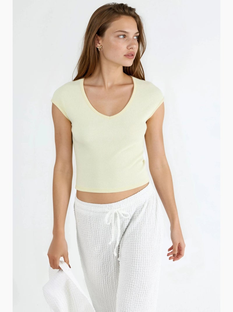 Blouse côtelée à col v busem Jaune citron - Kiabi