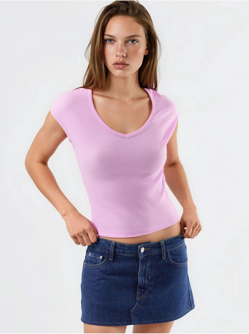 Blouse côtelée à col v busem Rose pâle - Kiabi