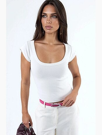 Blouse coupe ajustée côtelée à col en u busem