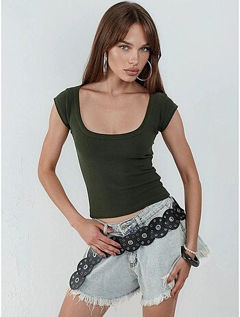 Blouse coupe ajustée côtelée à col en u busem
