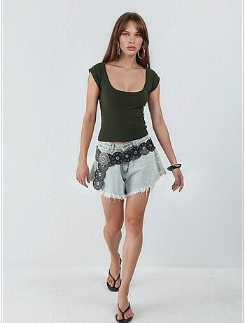 Blouse coupe ajustée côtelée à col en u busem