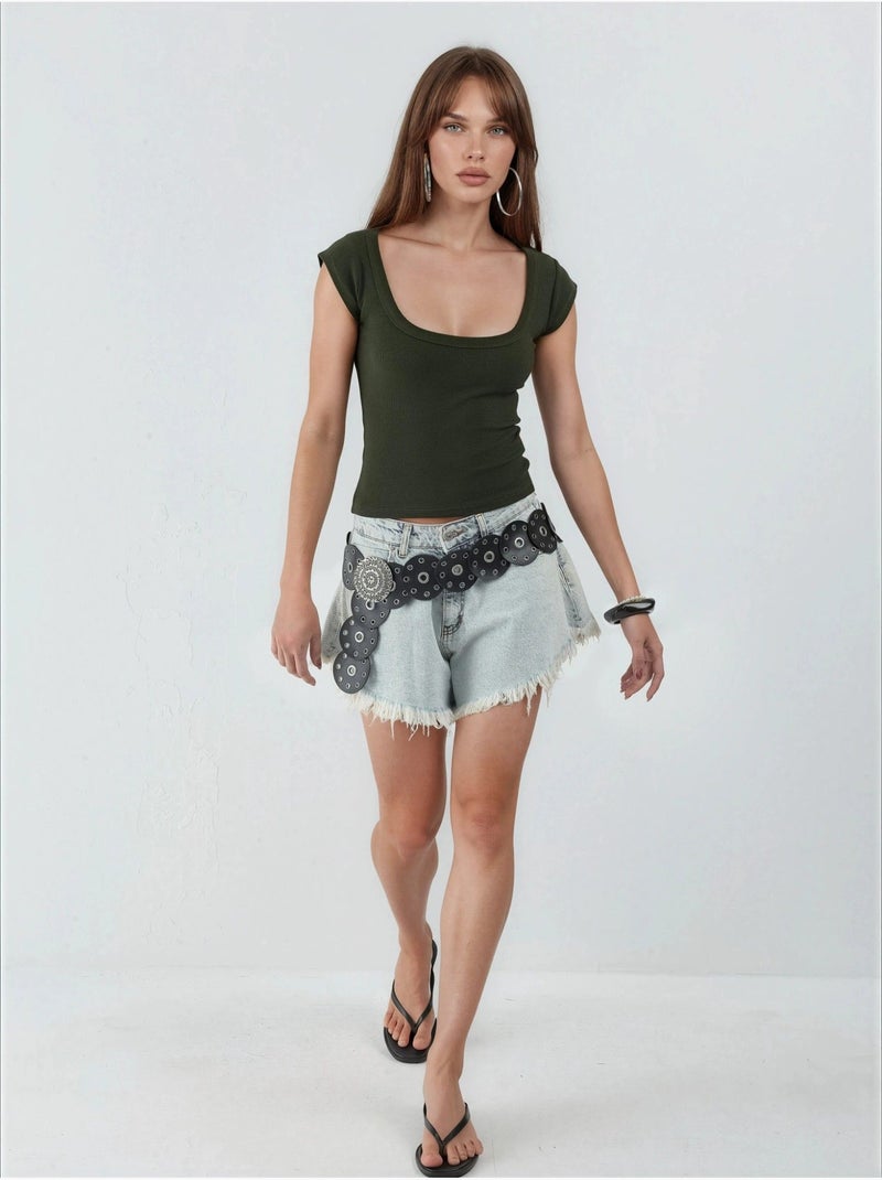 Blouse coupe ajustée côtelée à col en u busem Kaki - Kiabi