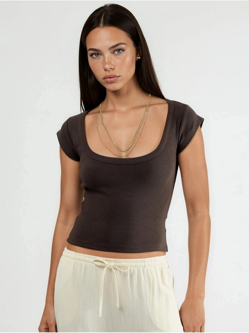 Blouse coupe ajustée côtelée à col en u busem Marron chocolat - Kiabi