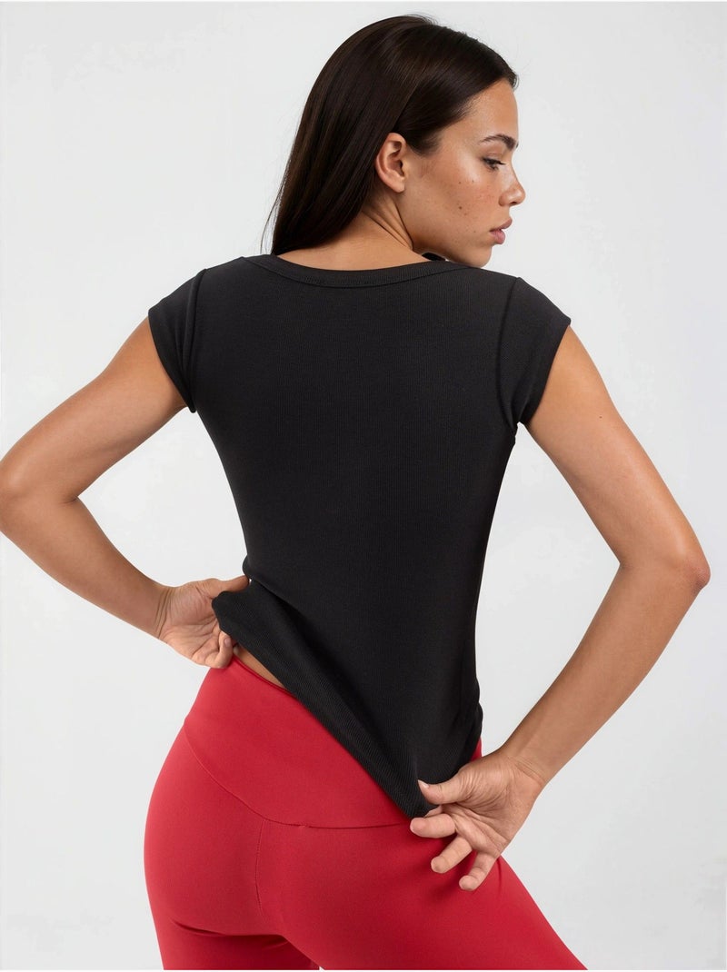 Blouse coupe ajustée côtelée à col en u busem Noir - Kiabi