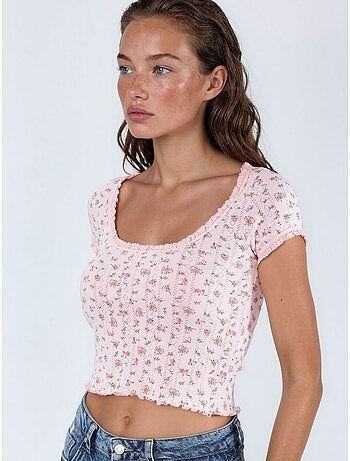 Blouse courte à encolure en u à fleurs avec volants busem