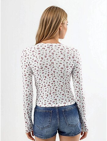 Blouse courte côtelée à fleurs avec fermeture boutonnée busem