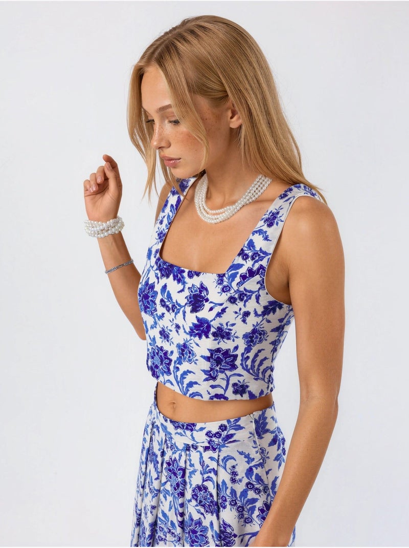 Blouse courte fleurie à col carré busem Multicolore - Kiabi
