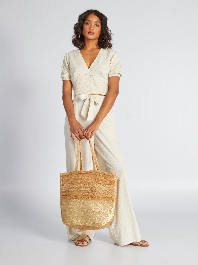 Blouse crop top en lin et décolleté plongeant Beige - Kiabi