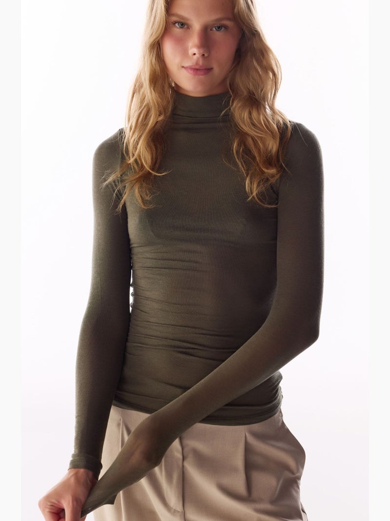 Blouse en cachemire à col montant et manches longues penti Vert kaki - Kiabi