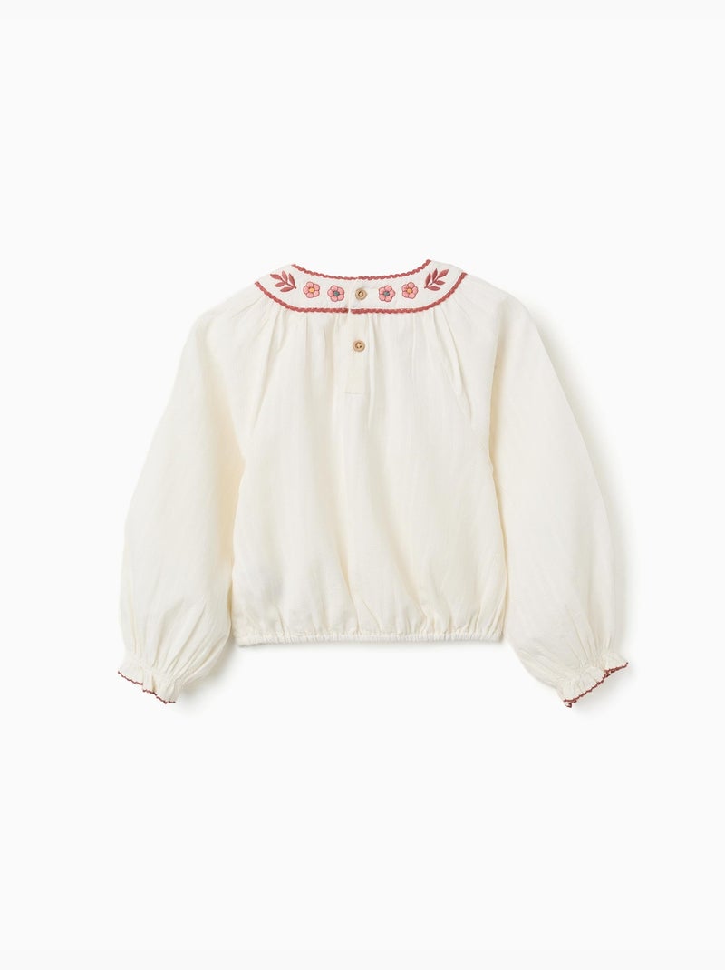 Blouse en coton à manches longues avec col brodé Blanc - Kiabi