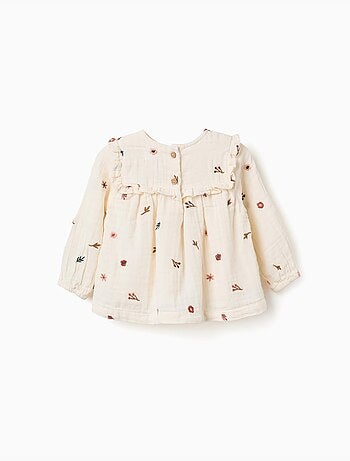 Blouse en coton à manches longues avec fleurs brodées