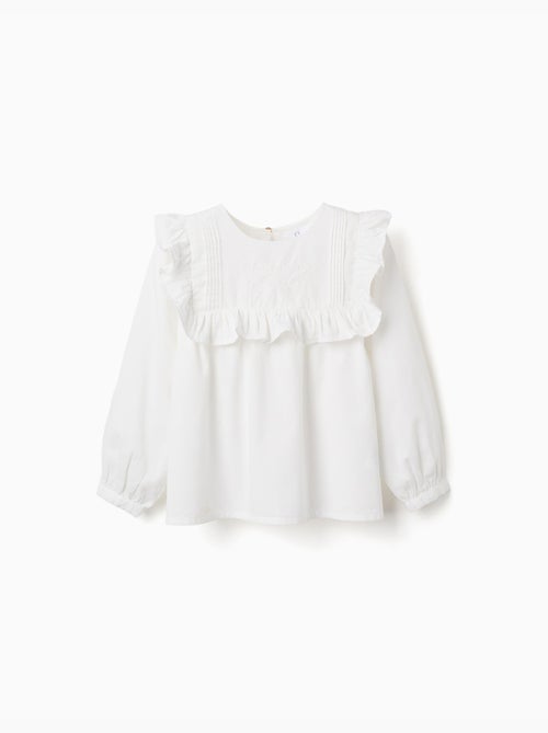 Blouse en coton à manches longues avec volants et broderie - Kiabi Blouse en coton à manches longues avec volants et broderie - Kiabi