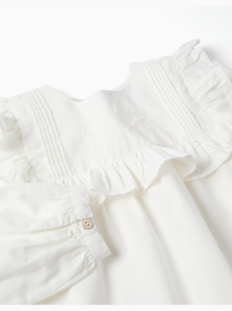 Blouse en coton à manches longues avec volants et broderie Blanc - Kiabi