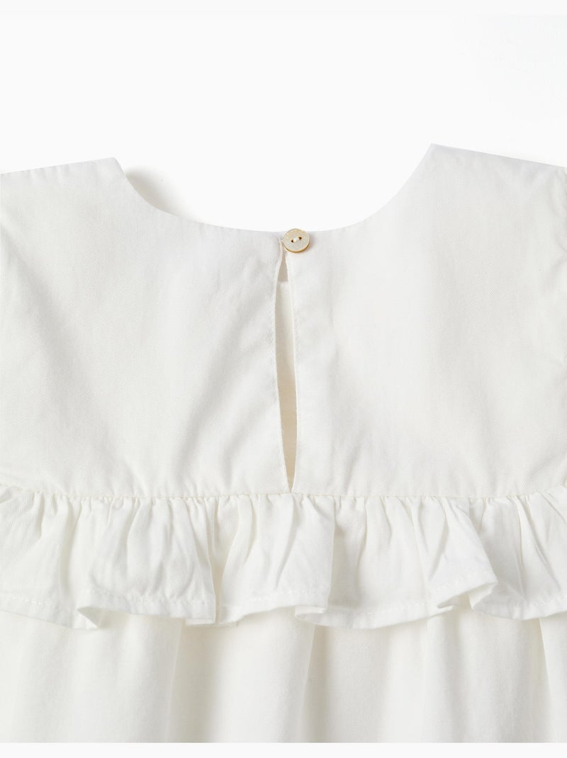 Blouse en coton à manches longues avec volants et broderie Blanc - Kiabi