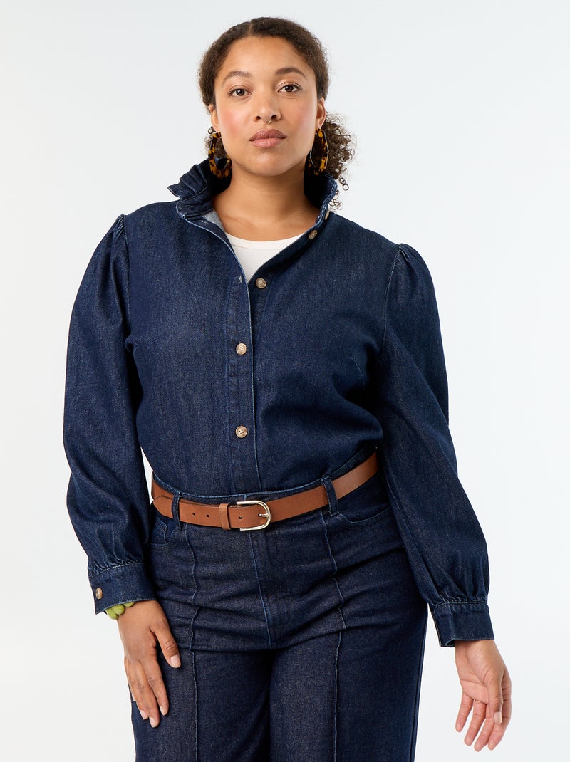 Blouse en denim avec col montant volanté Bleu - Kiabi
