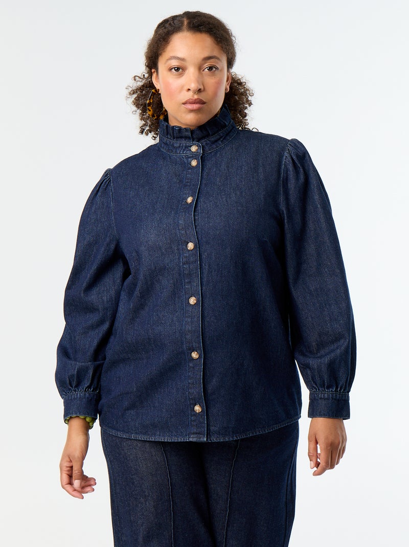 Blouse en denim avec col montant volanté Bleu - Kiabi