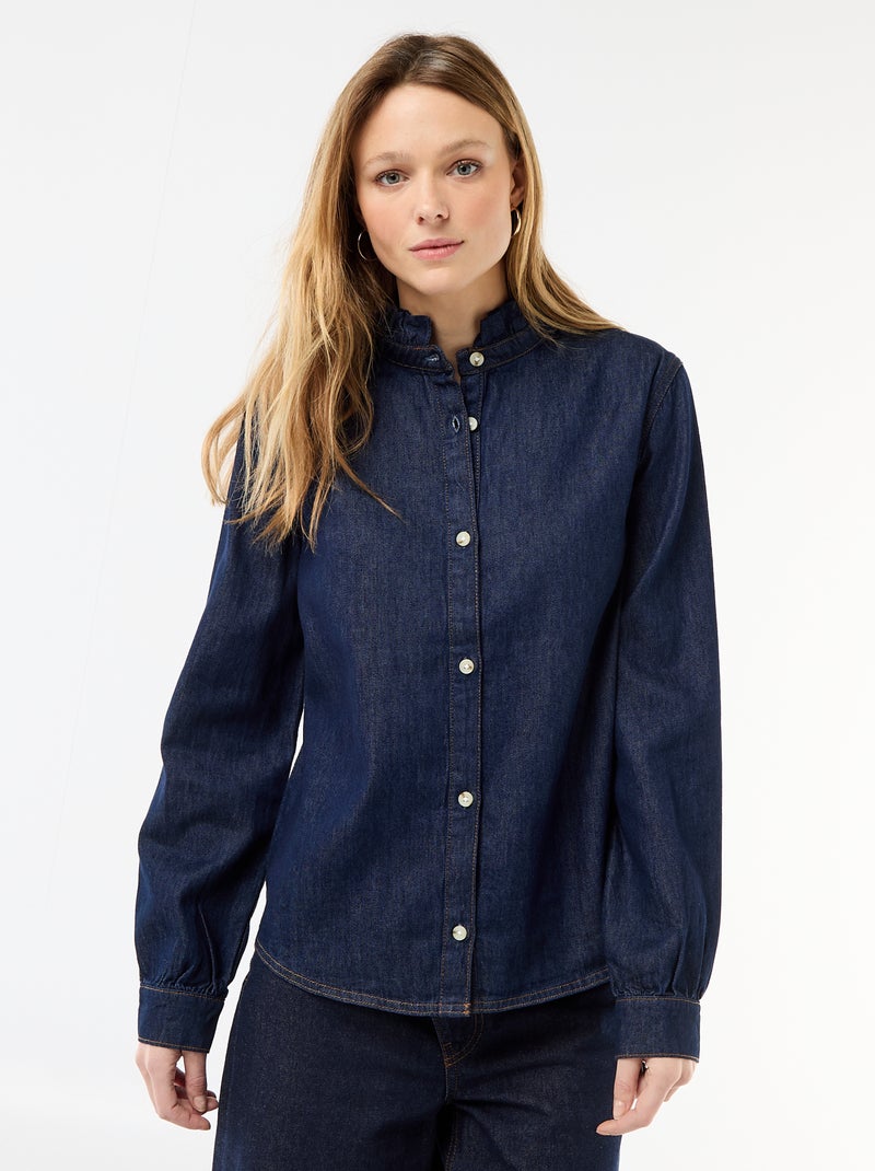 Blouse en denim avec col volanté Bleu - Kiabi