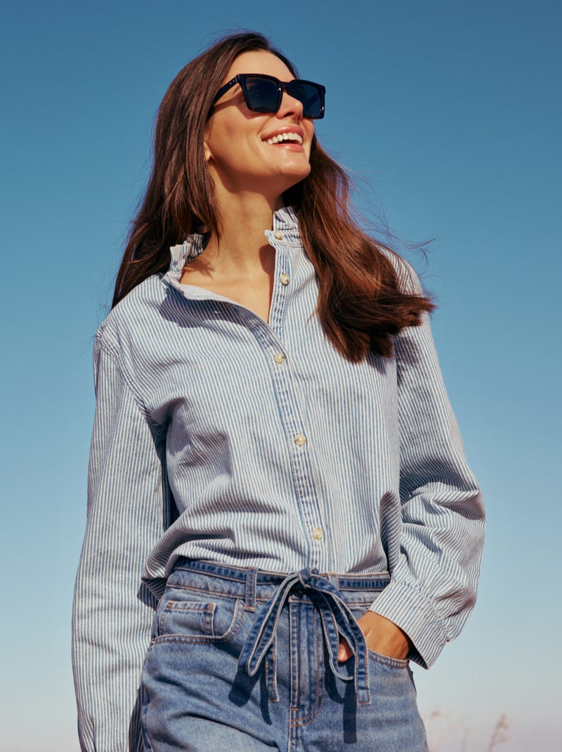 Blouse en denim avec col volanté Bleu - Kiabi