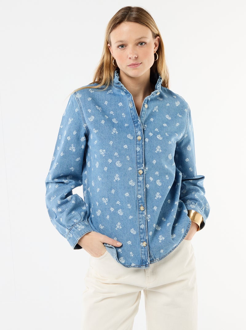 Blouse en denim avec col volanté Bleu - Kiabi
