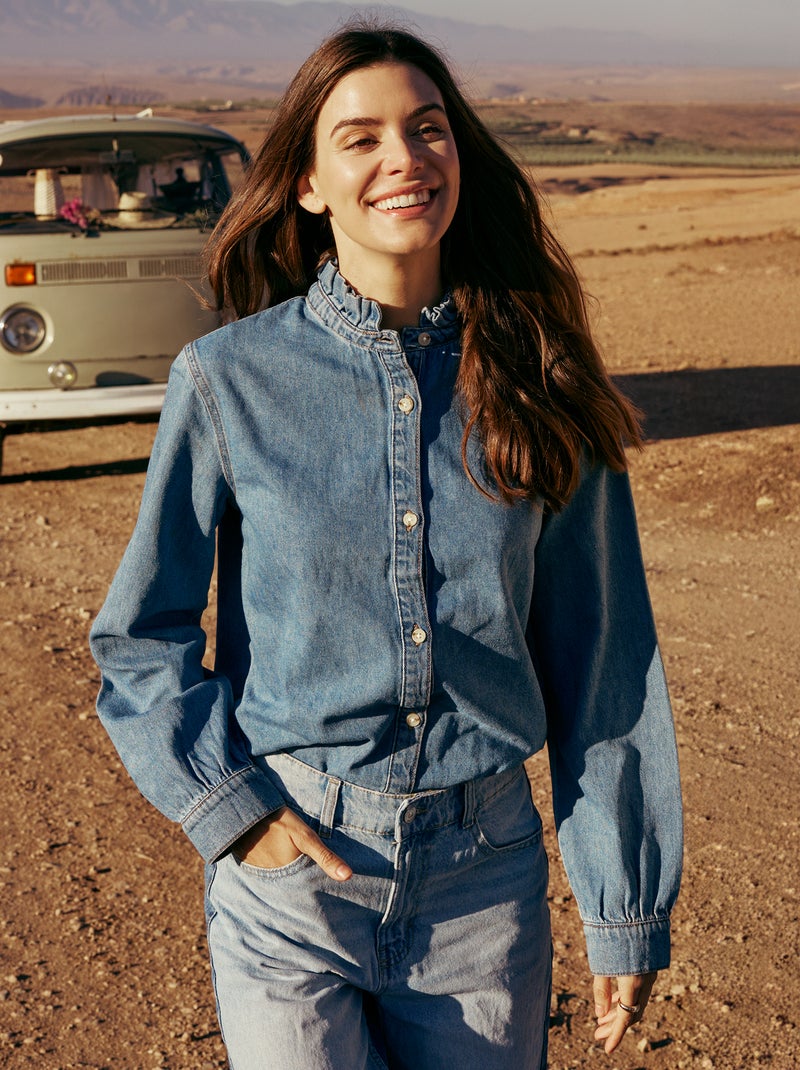 Blouse en denim avec col volanté Bleu - Kiabi