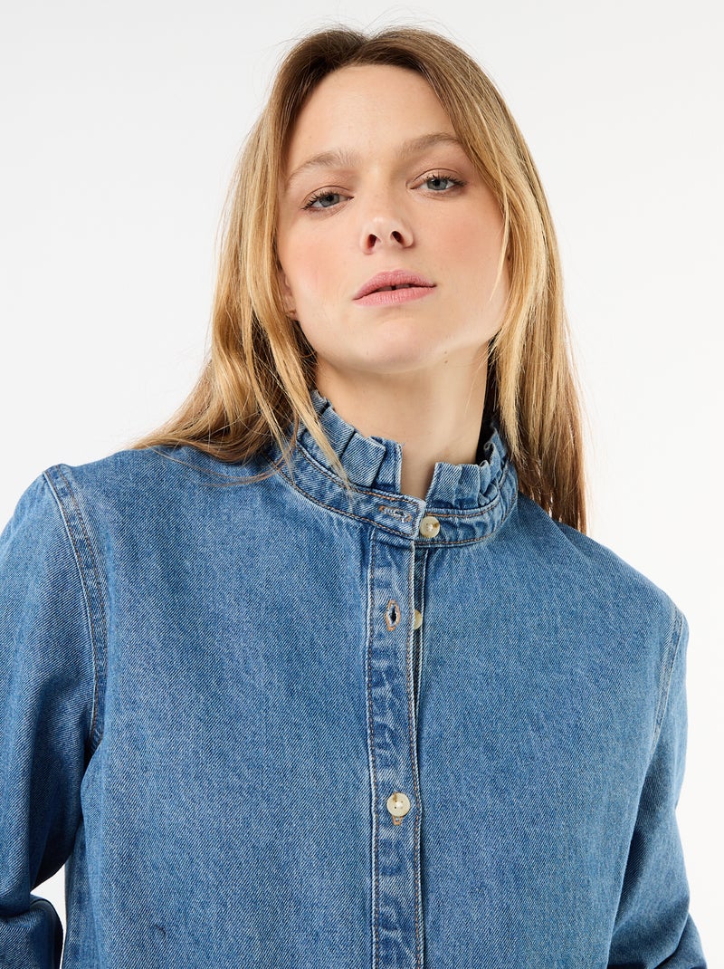 Blouse en denim avec col volanté Bleu - Kiabi