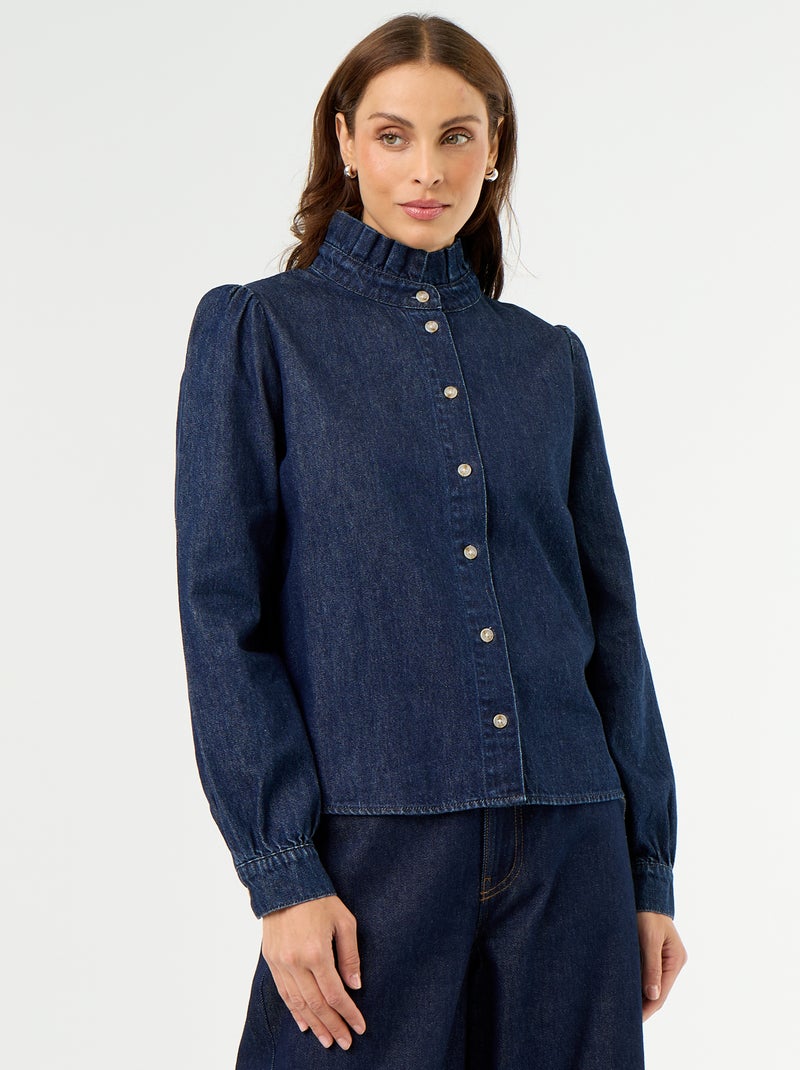 Blouse en denim avec col volanté Bleu - Kiabi