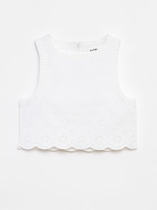 Blouse en denim sans manches avec broderies anglaises