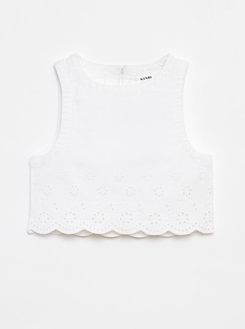 Blouse en denim sans manches avec broderies anglaises - Kiabi