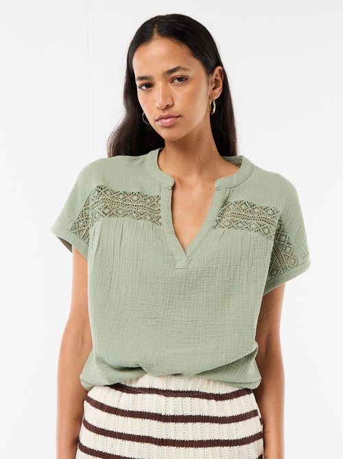 Blouse en double gaze de coton avec broderies - Kiabi